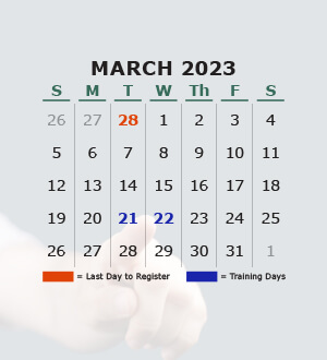 Calendar for March 2023, Register by February 28, Training dates March 21st - 22nd