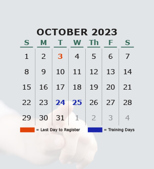 Calendar for October 2023, Register by October 3, Training dates October 24th - 25th