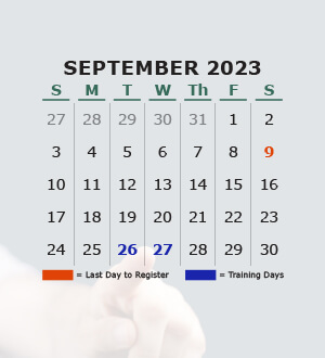 Calendar for September 2023, Register by September 9, Training dates September 26th - 27th